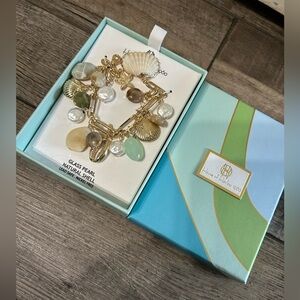 House of Harlow 1960 Gold Seashell mint teal  Charm Bracelet